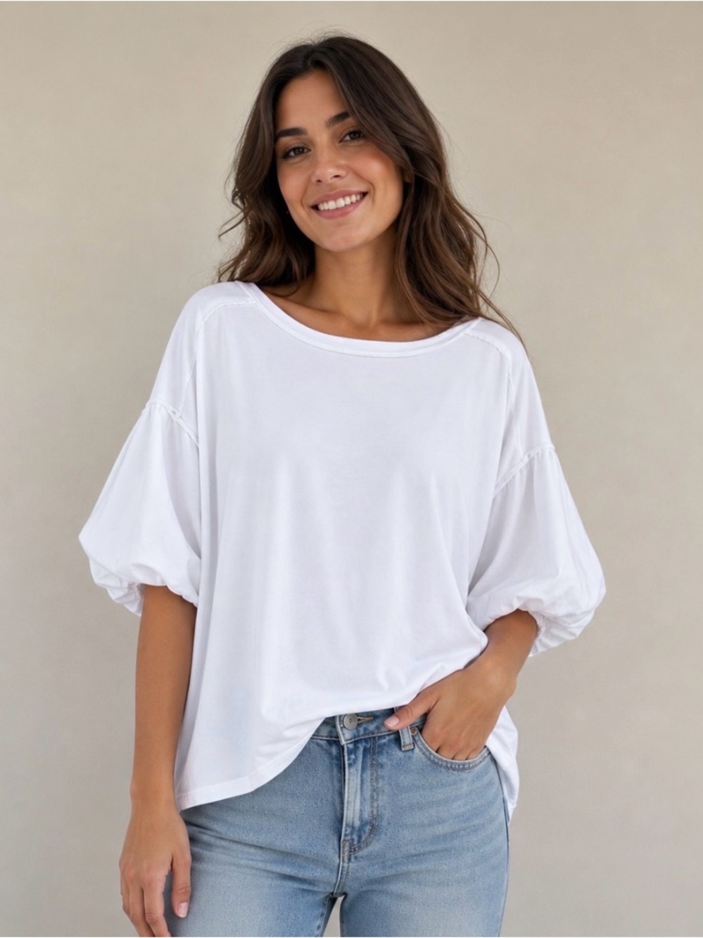Free People Top Tee Shirts 100% Cotton Relaxed Puff-Sleeve